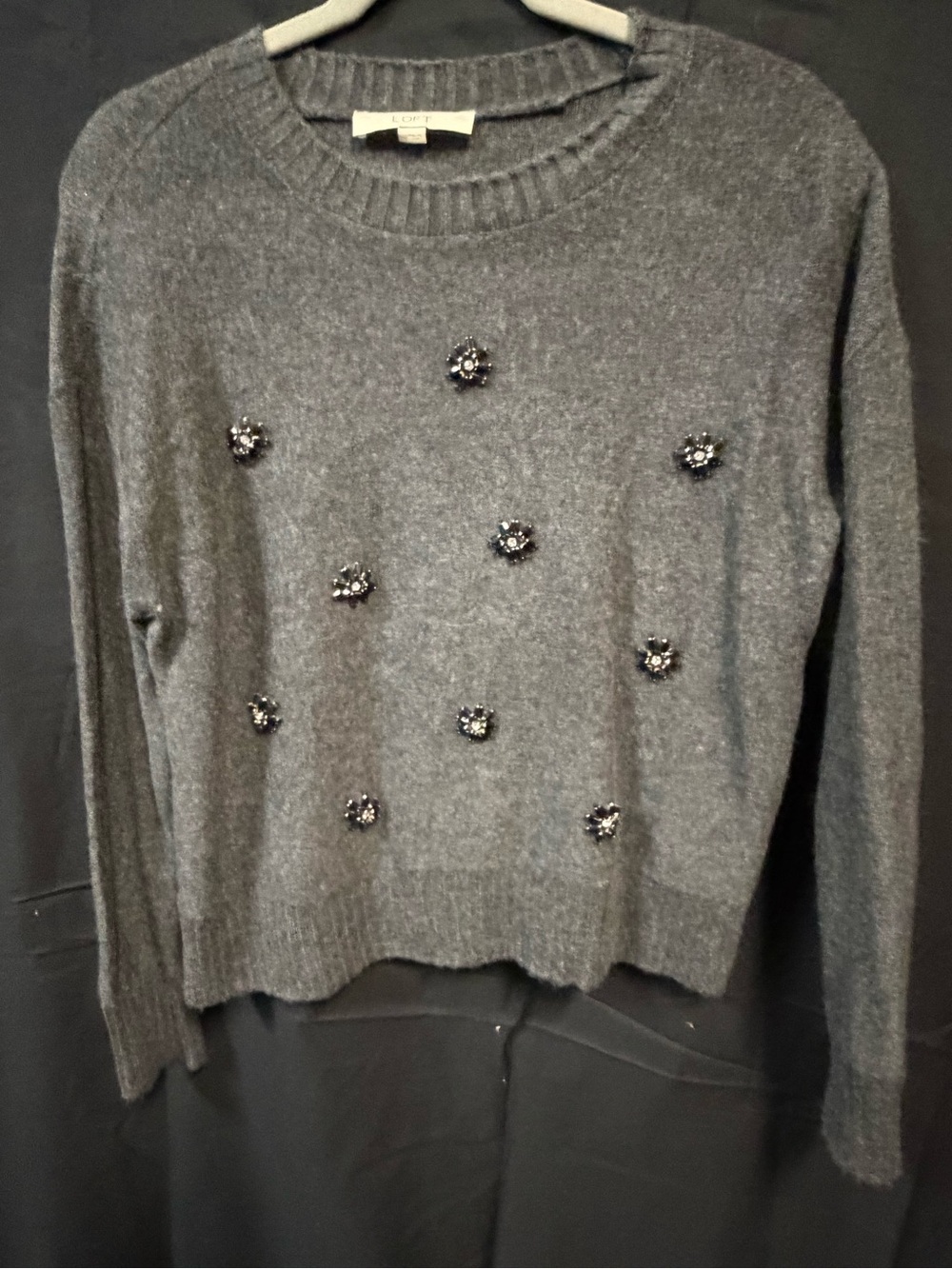 LOFT Charcoal Crewneck Sweater with Beaded Floral Accents